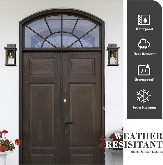 Emliviar 2-Pack Farmhouse Outdoor Wall Lights, 12 Inch Exterior Lights Fixture for House, Black Finish with Water Ripple Glass, 1803EW1-2PK-WP BK