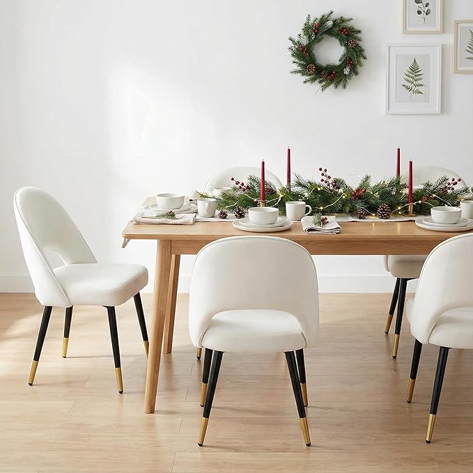 LukeAlon Classic Velvet Dining Chairs Set of 2, Upholstered Open Back Kitchen Chair with Metal Legs Armless Side Chairs Mid Century Dinner Chairs for Dining Room, Beige