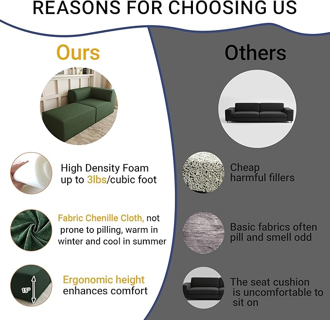 76" Sectional Compressed Sofa Modular Couches,High-Density Foam No Assembly Required, 2-Piece(1x Corner 1x Ottoman) for Living Room, Chenille Green