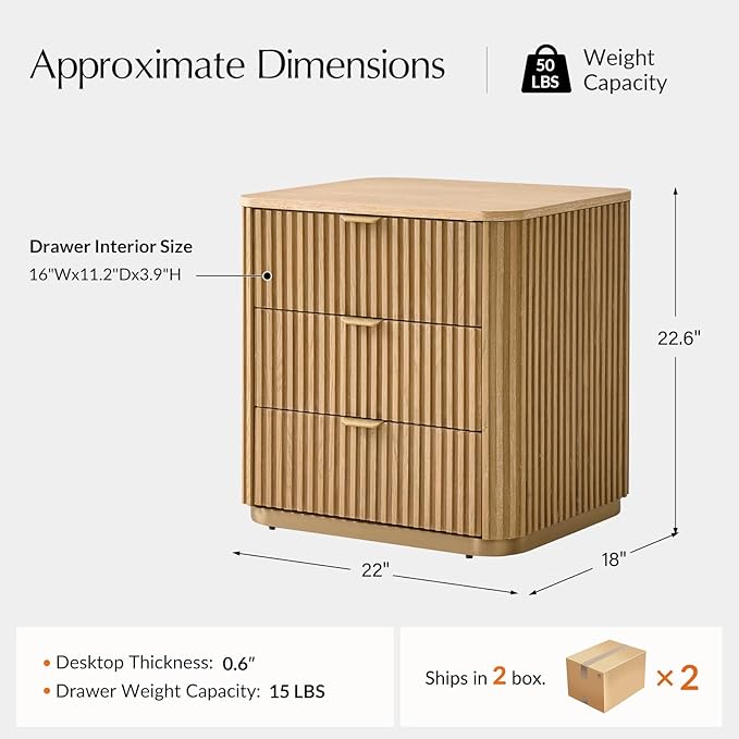 Fluted Nightstand Set of 2 with 3 Drawers, Modern End Table with Charging Station, USB Type-C Ports & Metal Frame for Bedroom,Natural