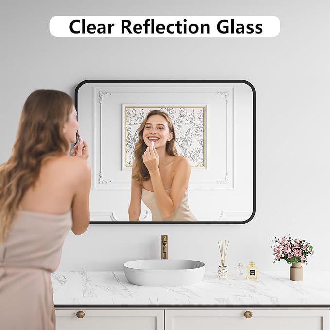 Koonmi Bathroom Mirror, 32X40 Brushed Black Metal Framed Wall-Mounted Mirror for Over Sink, HD Tempered Glass, Anti-Rust, Rounded Rectangle Mirror for Restroom, Bedroom, Hangs Horizontal or Vertical