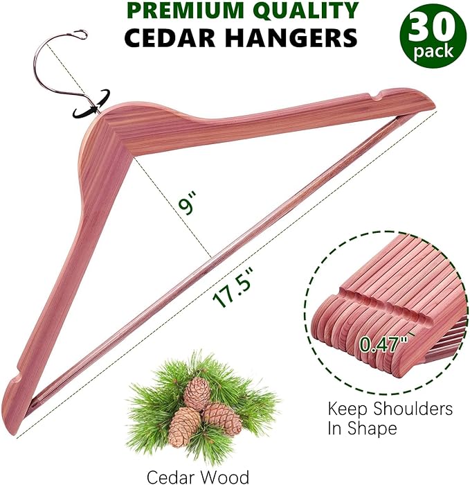Amber Home 30 Pack American Red Cedar Hangers, Smooth Finish Wood Coat Hangers with Swivel Hook & Notches for Suit, Shirt, Dress, Jacket, Pants