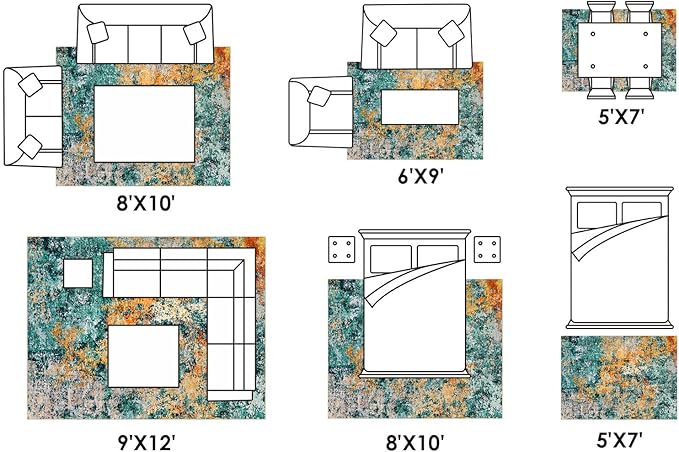 Washable Area Rug for Living Room: 5x7 Modern Abstract Neutral Soft Rug for Bedroom Dining Room No Slip Low Pile Carpet for Nursery Home Office - Teal/Orange