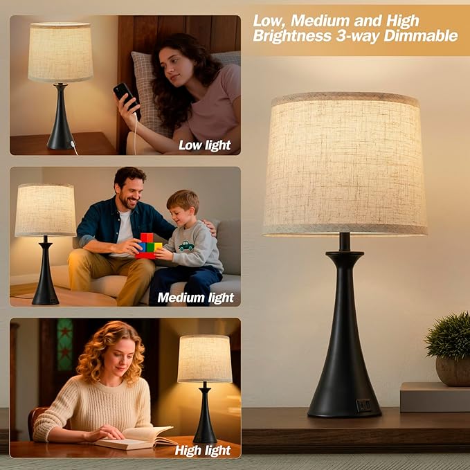 Touch Table Lamp for Living Room Bedroom, 21" Table Lamps Set of 2 with USB C+A Ports, Touch Bedside Lamps for Nightstand with 3 Way Dimmable, 2 LED Bulbs Included, Black