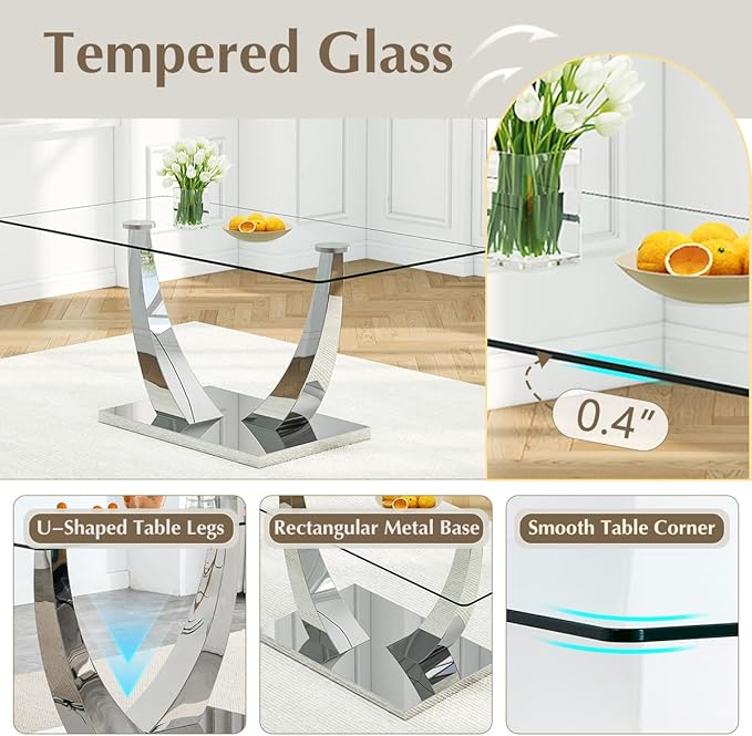 Glass Dining Room Table Set for 8,Kitchen Table Set with 8 PU Leather Chairs,71'' Tempered Glass Dining Table Set with Silver U-Shaped Table Legs and Rectangular Base