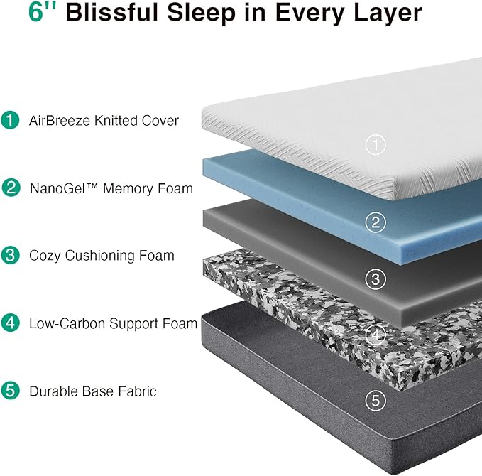 Novilla Twin XL Mattress, 6-Inch Gel Memory Foam Mattress for Cool Night Sleep & Pressure Relief，Medium Firm XL Twin Size in a Box, Bliss