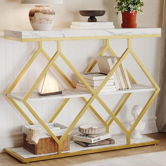 Garvee 3-Tier Entryway Table, Industrial Console Sofa Table with Storage, Accent Table with Open Shelves, Diamond-Shaped Metal Frame, Foyer Table for Entryway, Hallway, White