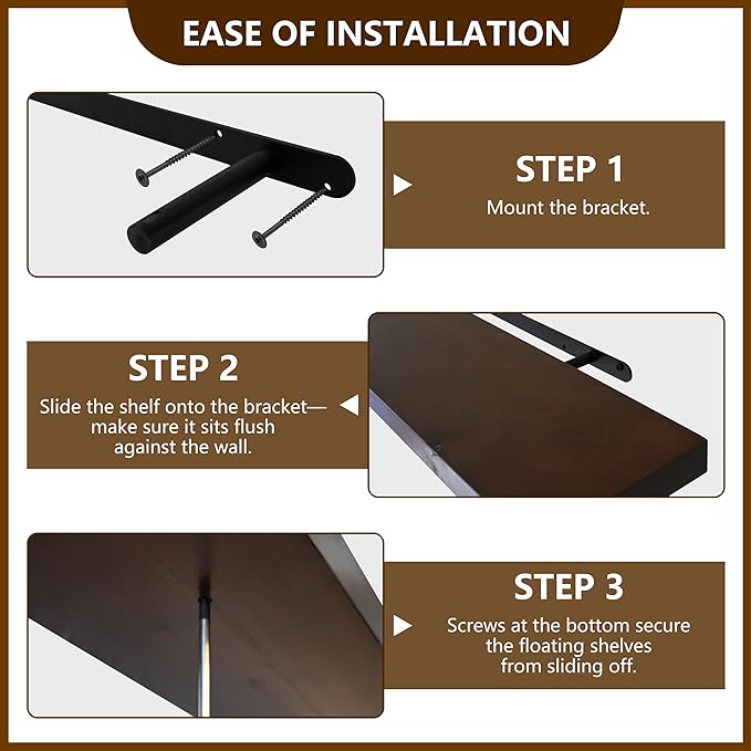 foxsky 16 Inch Solid Pine Wood Floating Shelves for Wall with Hidden Brackets, Rustic Farmhouse Wall Mounted Shelf for Bathroom, Living Room, Bedroom, Kitchen, Office Decor (Walnut)