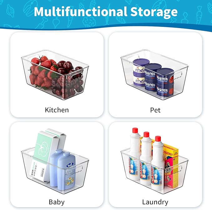 6 Pack Clear Pantry Organizer Bins, Fridge Organiser Set, Plastic Containers with Handle,Home Organization Must Haves for Kitchen,Freezer,Cabinet,Closet,Bathroom Under Sink Storage