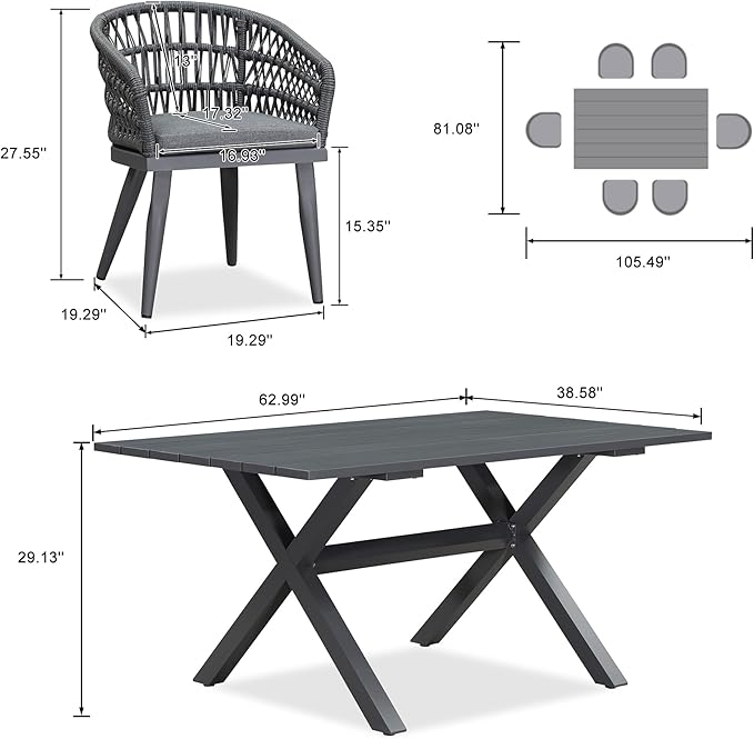 PURPLE LEAF 7 Pieces Outdoor Dining Set All-Weather PE Rattan Outdoor Patio Furniture Set with All Aluminum Frame Rectangular Table and Chairs Set for Lawn Garden Backyard Deck, Grey