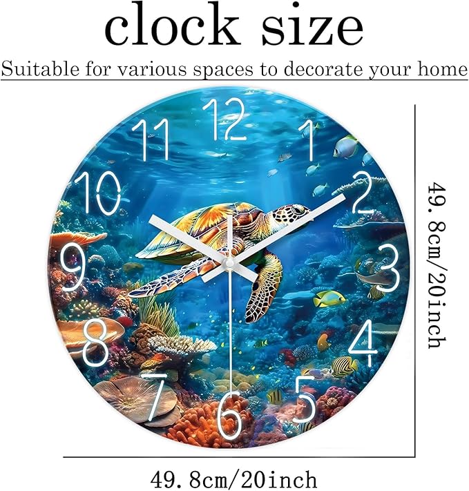 XNM 20 Inch Large Wall Clocks Battery Operated Glass Sea Turtle Ocean Clocks for Living Room Decor Blue Silent Wall Clock No Ticking