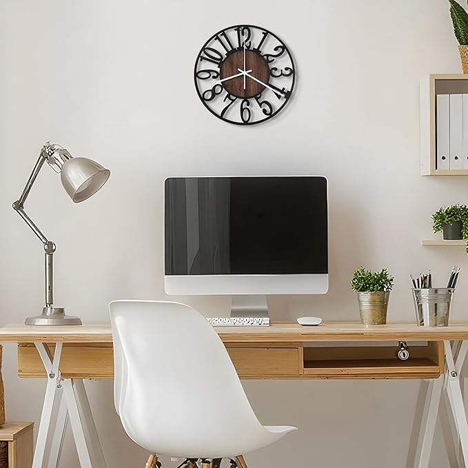 Maxstar Wall Clock Battery Operated,Silent Non-Ticking Modern Rustic Metal Round Clocks Small for Living Room/Bedroom/Office/Kitchen/Farmhouse Home Decor-10 Inch(Brown-Wood)