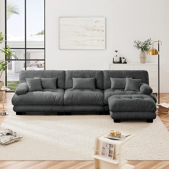 133.8" Oversized Couch, 3 Seater Modular Sectional Sofa, Grey Large L Shaped Fluffy Couch Set, Chenille Cloud Sofas with Ottoman for Living Room