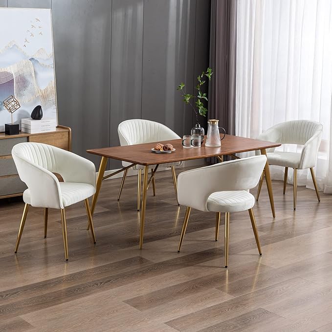 Modern Velvet Dining Chairs Set of 8, Upholstered Gold Dining Room Chairs with Hollow Back, Accent Armrest Kitchen Chairs with Gold Legs for Living Room Reception Beige
