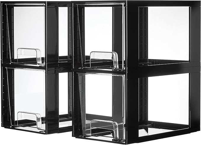 Vtopmart 4 Pack Large Stackable Storage Drawers,Black,Easily Assemble Acrylic Bathroom Closet Undersink Organizers and Storage,Plastic Bins for Kitchen Cabinets,Pantry,Makeup,Medicine Organization
