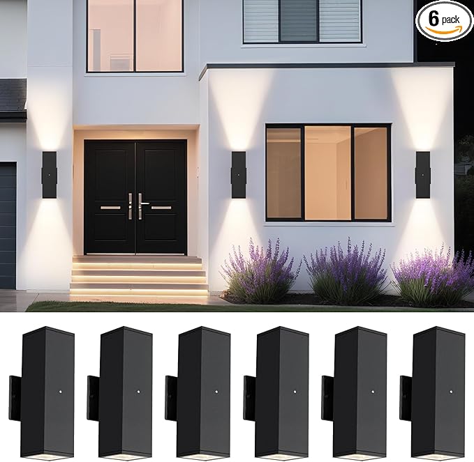 Dusk to Dawn Outdoor Lighting, LED Square Up and Down Outdoor Sconce Lights, Matte Black Exterior Lighting Fixtures with 7W LED Bulbs, Front Porch Lights for house, Garage, Patio, Doorway, 6 Pack