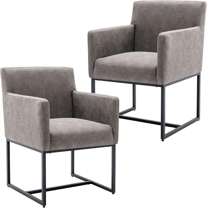 Set of 2 Upholstered Dining Chairs with Armrest, PU Leather Modern Accent Armchairs, Kitchen & Dining Room Chairs Side Chairs, Grey