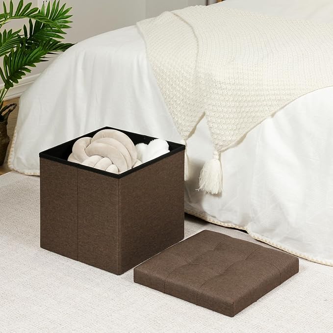 B FSOBEIIALEO Storage Ottoman Cube, Folding Footrest for Living Room Seat, 12.6"X12.6"X12.6" (Linen Brown)