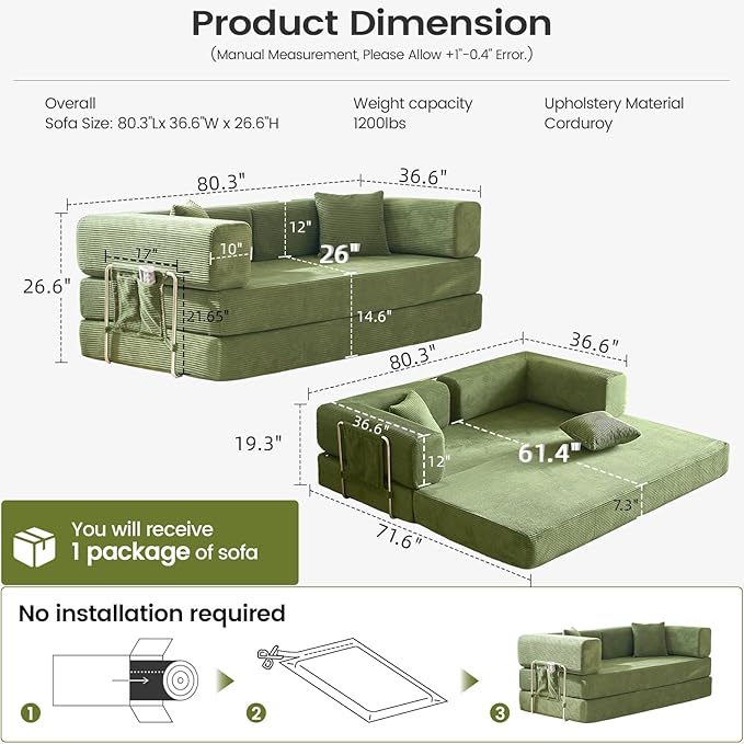 Folding Sofa Bed Convertable Corduroy Couch King Size Floor Sleeper 4-in-1 DIY Combination sofabed Fold Out Futon Lounge Comfy Foldable couches cama for Living Room (Green, 80.15")