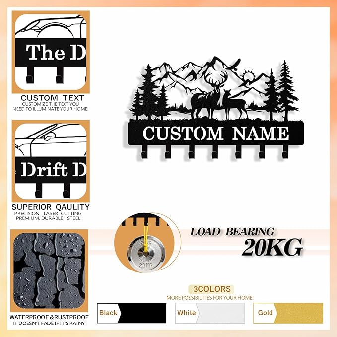 Personalized Deer Forest Key Holder Wall Mount, Custom Metal Keys Hanger for Wall with Name, Custom Key Rack Holder with Hooks for Entryway, Front Door, Hallway, Living Room, Kitchen