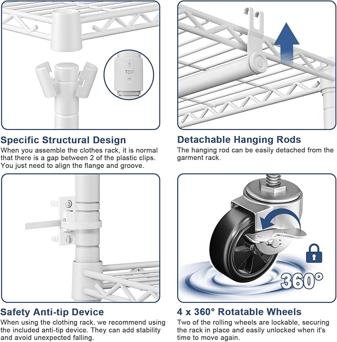 P8C Heavy Duty Clothes Rack（With Extended Width Design） Rolling Clothing Racks for Hanging Clothes with Lockable Wheels，51.2" W x 15.8" D x 80.5" H，Max Load 700LBS，White Rack with Grey Cover