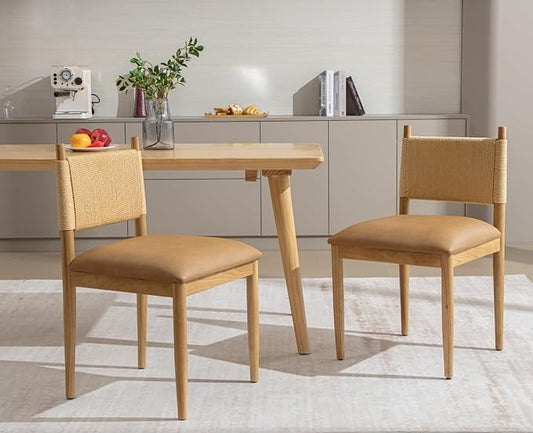 CIMOTA Faux Leather Modern Dining Chairs Set of 2, Mid Century Upholstered Dining Room Chairs with Woven Back, Armless Kitchen Chairs with Natural Solid Wood Legs, PU Brown