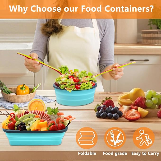 Collapsible Food Storage Containers with Lid & Air Vent, 4 Pack Rectangular Foldable Collapsible Storage Containers Sets, Lunch Bowls for Camping, Travel, Microwave Freezer Dishwasher Safe