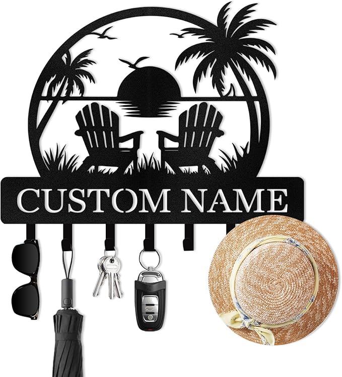 Personalised Beach Theme Key Holder for Wall, Tropical Style Key Holder Wall Mount, Decorative Key Rack Coat Hooks for Living Room Bathroom Kitchen Office Entryway, Home Decor Gifts