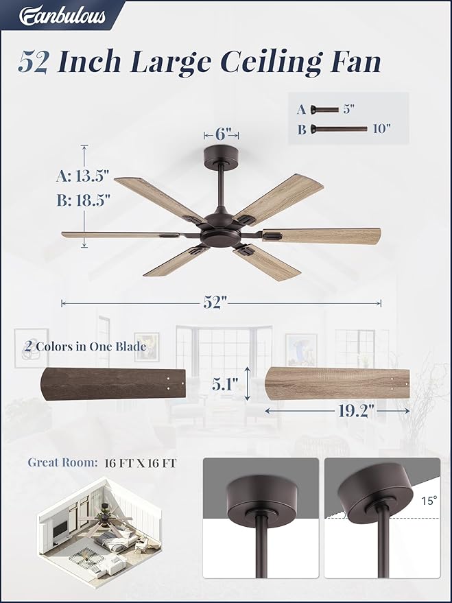 Fanbulous 52 Inch Ceiling Fans No Light with Remote, Modern Ceiling Fan Without Light, Dual Finish 6 Blades, Reversible DC Motor, 6 Speed, Large Ceiling Fan for Indoor or Covered Outdoor, Oil Bronze