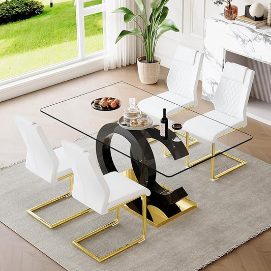 63'' Glass Dining Table Set for 4, Kitchen Table Chairs Set of 4, Clear Glass Dining Table with Black unique design Leg and Gold Metal Base, 4 PU Dining Chairs with Metal Legs, Living Room, Kitchen.