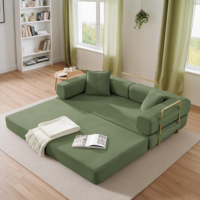 Antetek Convertible Futon Sofa Bed, 3-Seater Modern Corduroy Foam Floor King Size Bed Fold Out Sleeper Lounge Loveseat Sofa Couch with 2 Throw Pillows for Living Room Bedroom Guest Room, Army Green