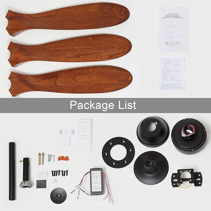 60 inch 3 blade Wood ceiling fan without light, Noiseless Reversible DC Motor Walnut Ceiling Fan Without Light for Farmhouse Patio Living Room Bedroom, Indoor Outdoor Ceiling Fan with Remote