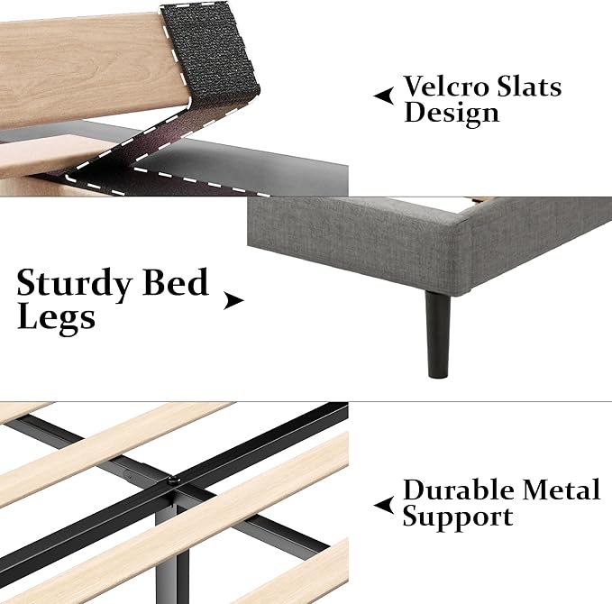 Queen Size Bed Frame with Upholstered Wingback Headboard, Easy Assemnly Platform Bed, Wooden Slat Support No Box Spring Needed, Light Gray