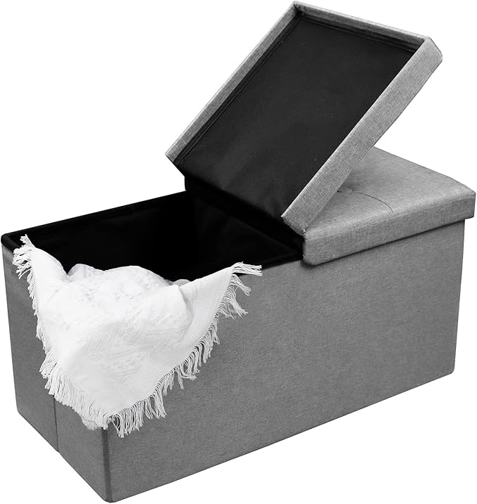 CAROLMADE 30 Inches Storage Ottoman Bench with Flipping Lid, Linen Foldable Storage Footrest, Ottoman with Storage for Living Room Holds up to 330lbs, Light Grey