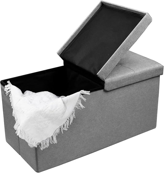 CAROLMADE 30 Inches Storage Ottoman Bench with Flipping Lid, Linen Foldable Storage Footrest, Ottoman with Storage for Living Room Holds up to 330lbs, Light Grey