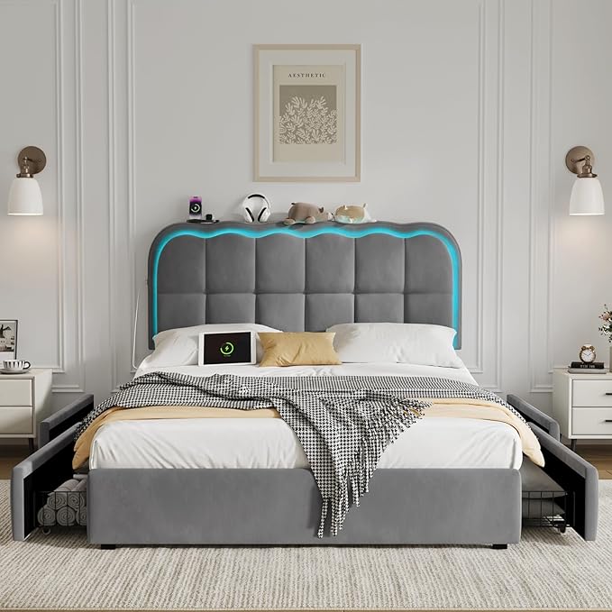 Full Size Bed Frame with 4 Storage Drawers and LED, Adjustable Clouds Headborad, Velvet Upholstered Platform Full Bed Frame with Charing Station, Wood Slats Support, No Box Spring Needed,Grey