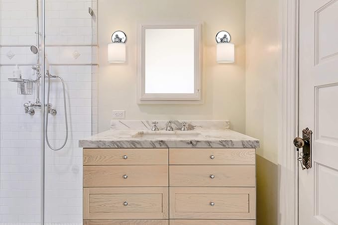 XiNBEi Lighting Wall Light 1 Light Wall Sconce with Drum Fabric Shade in Chrome, Modern Bathroom Vanity Light for Bathroom Bedroom & Living Room XB-W1214-1-CH