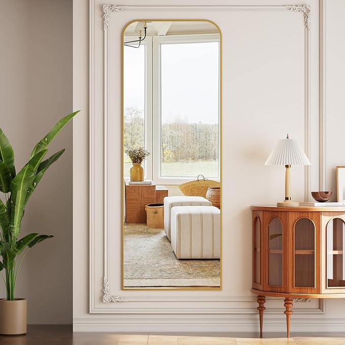 Full Length Mirror 65"x24" Arched Floor Standing Large Mirrors Full Body Mirror with Stand - with Aluminum Frame for Bedroom Living Room, Gold