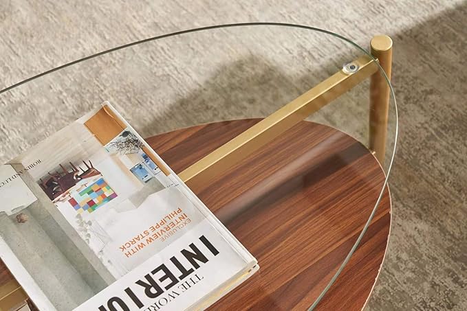 Shrine Oval Coffee Table, Mid-Century Modern Design, 2-Tier Structure, Clear Glass Top and Walnut MDF Shelf, 47" D x 21" W x 17" H, Sleek Conical Metal Legs with Gold Finish