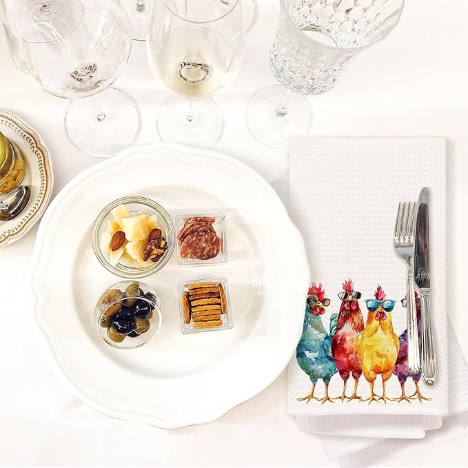 Funny Chicken Kitchen Towels, Chicken Lovers Lady Mom Gifts Dish Tea Towels, Cool Colorful Chicks in Sunglasses Decorative Hand Towel for Bathroom Kitchen, 16x24 Inch