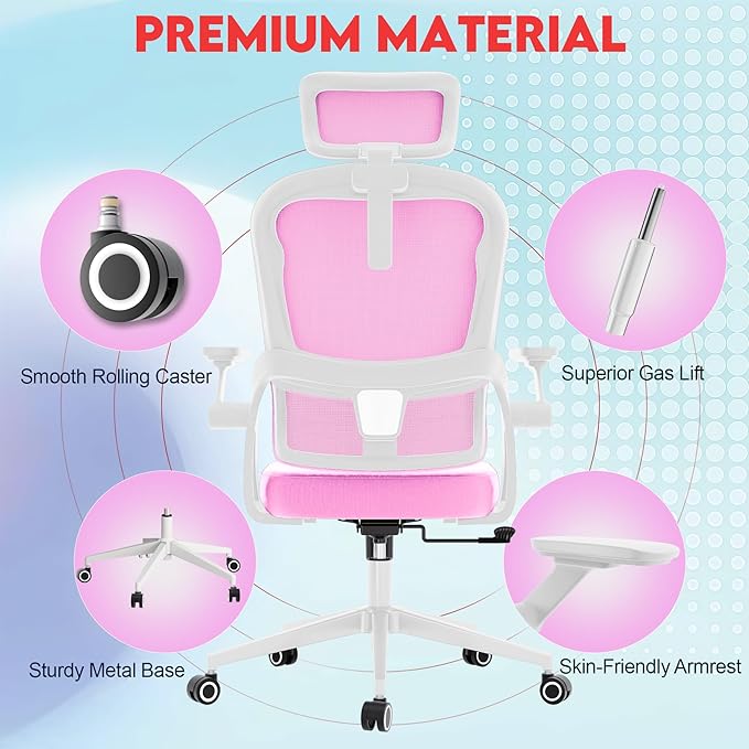Ergonomic Office Chair - 400LB Comfy Desk Chairs with Adjustable Headrest and Lumbar Back Support, Mesh Computer Chairs with Wheels and Arms for Home Office, Study, Bedroom and Dorm (01pink)