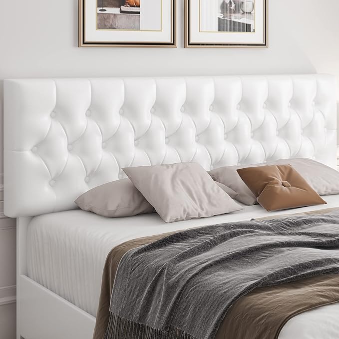 Keyluv Modern Upholstered Bed Frame with 4 Drawers, Button Tufted Headboard Design, Solid Wooden Slat Support, Easy Assembly, Queen Size, White