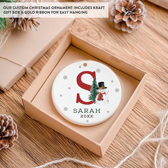 Andaz Press Personalized Ornament, Custom Name, Initial S Monogram Snowman 2.8" Ceramic Porcelain 2025 Christmas Ornament Keepsake for Kids, Boys, Girls, Includes Gold Ribbon & Gift Box, 1-Pack