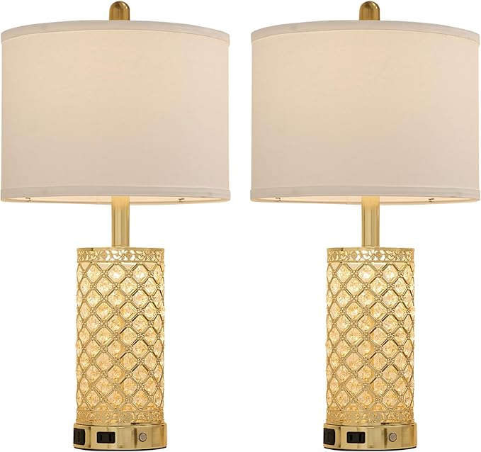 Crystal Table Lamp Set of 2-24in Gold Bedroom Lamps 3-Way Dimmable Touch Lamp with Night Light, 2 USB Ports + AC Outlet Bedside Night Stand Lamp for Living Room (Gold-2 Pack 24In)