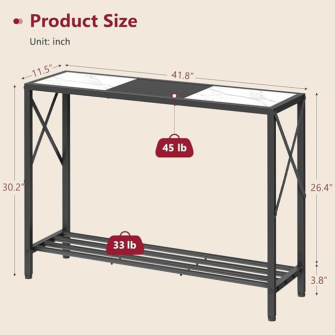 Tajsoon Console Table 41.8”, 2-Tier Entryway Table, Narrow Sofa Table with Shelves, Entrance Table for Hallway, Entryway, Living Room, Foyer, Corridor, Office, Black & White