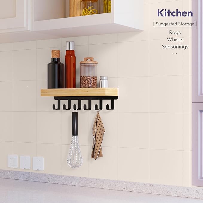 SWTYMIKI Key Holder Wall Mount-Wooden Key Hooks for Wall with Mail Organizer & 6Hooks, 2Installation Ways Key Hanger, Key Rack with Shelf for Entryway Living Room Bedroom Home Decor Wood+Black