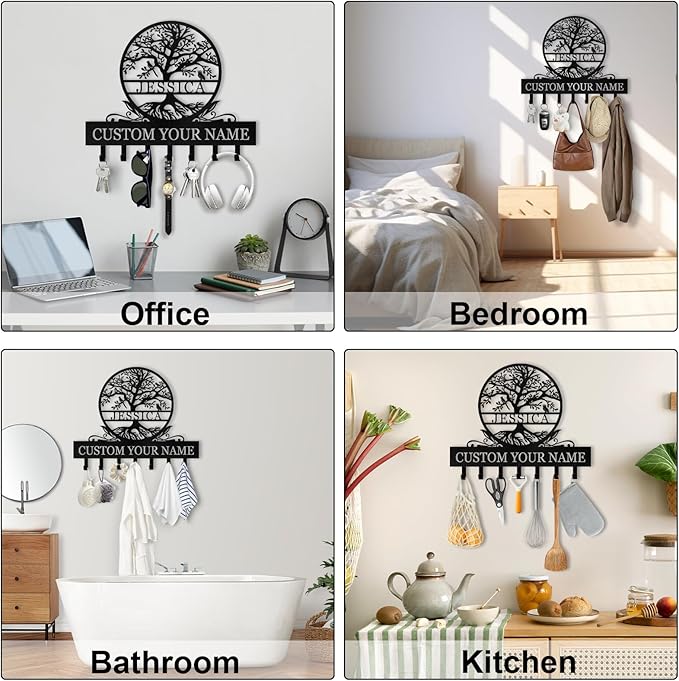 Personalized Metal Key Holder Wall Mount, Custom Name Tree of Life Key Holder for Wall, Key Organizer Rack with Hooks, Home Decor for Living Room Entryway Bathroom Kitchen, Housewarming Gifts Color04