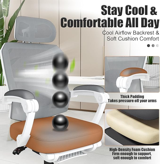 Ergonomic Office Chair with Footrest, High Back Swivel Mesh Desk Chair, Big and Tall Rolling Computer Chair with Headrest, Lumbar Support, 3-Level Tilt Backrest for Home, Bedroom, Work