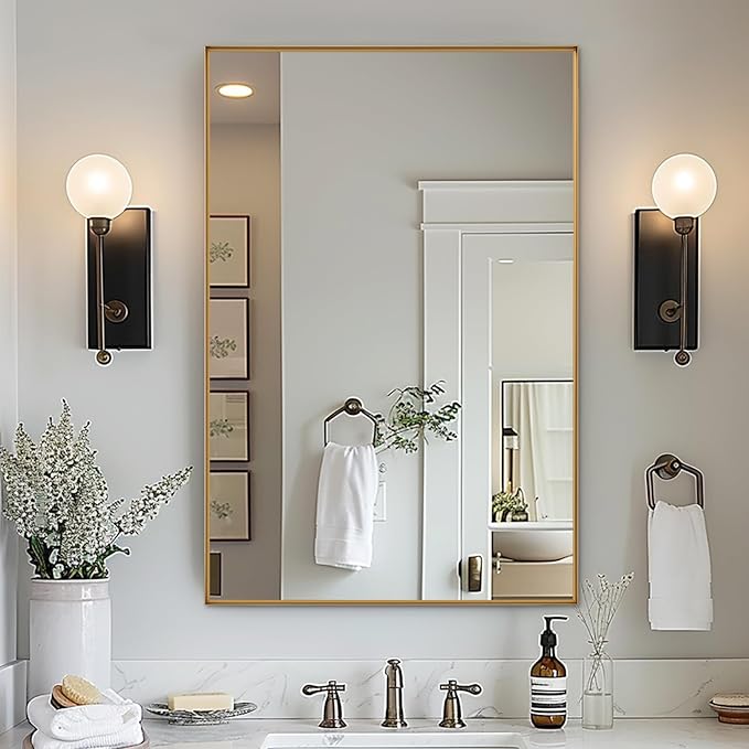 Wall Mirror 24" x 36" for Bathroom Modern Gold Deep Frame Mirror for Wall Decorative Horizontal or Vertical Wall Mounted Mirror for Bedroom Living Room Entryway Wall Decor