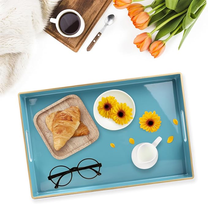 Teal Blue Decorative Coffee Table Tray, Rectangular Plastic Serving Tray with Handles for Living Room, Ottoman, Bathroom, 15.7"*10.2"